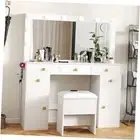 Vanity Desk Large Mirror with 12 LED Adjustable Lights, Storage Bench,