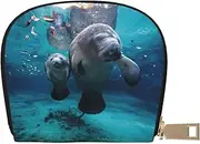 [JEJEA] Indian Manatees Print Credit Card Holder Wallet, Small Card Holder Wallet with Zipper,Leather Card Holder, White, One Size