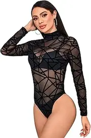 [BALAYSIER] Mesh Body Women's Long Sleeve High Elasticity Bodysuit Women High Collar Sexy Bodysuits for Parties and Raves