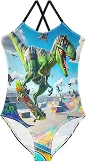[RPLIFE] Dinosaur Skateboarding Swimming Suit for Girls, 3-10T Girls Athletic Swimsuit Beach Bathing Suit