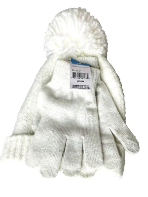 NWT Women's Winter Lurex Knit Beanie Hat & Gloves Ivory/Silver Sparkle OSFM