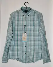NWT prAna Men's Plaid Agave Teal Green Mikael Slim Fit LS Button-Down Shirt M L