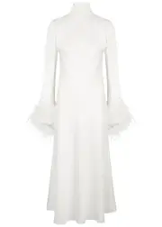 16 Arlington Umiko White Feather-trimmed Satin Midi Dress - Ivory - 8 8