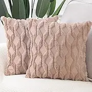 Madizz Set of 2 Soft Plush Short Wool Velvet Decorative Cushion Covers Luxury Style Throw Pillow Cases European Pillow Shell for Sofa Bedroom Square Light Brown 24x24 inch, 60x60 cm