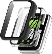 [2 Pack] T Tersely Case with Screen Protector for Samsung Galaxy Fit 3, All-around Anti Scratch Shockproof Protective Hard PC Full Cover Tempered Glass (Transparency+Black)