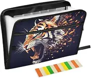 Quteprint 13 Pockets Expanding File Folder with Zipper Closure, Angry Tiger Animal Accordion File Folder with Sticky Labels, Letter Size A4 Papers Expandable File Document Organizer