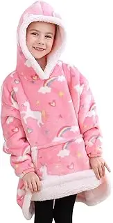 softan Wearable Blanket Hoodie for Kids, Super Warm and Soft Sherpa Flannel Sweatshirt Blanket with Giant Pocket, Hooded Blanket for 2-6 Year Old Girls Gifts, Pink Unicorn