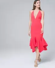 AIDAN MATTOX Plunging Crepe Deep-V Midi Dress Coral Size 8 NWT