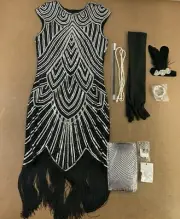 Women's Small Black Silver Sequin Fringe Flapper Dress & Accessory Set 9 Pieces