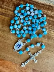 Natural Stone Jade Blue Mix White Holy Rosary with Mary Medal for Catholic Pray