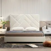 Bed Frame Fabric Padded Upholstery High Quality Slats Polished Stainless Steel Feet King Queen Size in Beige Colour