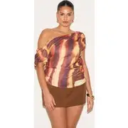 Plus Orange Floaty Woven Ruched One Shoulder Top, Orange