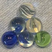 6 Vintage Marbles Agate - Blue, Green and White