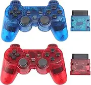 PS2 Wireless Controller 2.4G Play Station 2 Gamepad 2 Pack Dual Vibration Compatible with Sony Playstation 2 Console (ClearBlue +ClearRed)