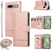 [Dswteny] Compatible with Google Pixel 8A 5G 2024 Wallet Case Wrist Strap, Crossbody Strap, Leather Flip Credit Card Holder Stand Cell Phone Cover for Pixel8A A8 Women Men Rose Gold