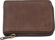 [Arnate] Mens Zip Around Oil Pull Up Brown Genuine Leather Wallet RFID Blocking Black Brown Tan Green Red (Oil Pull UP Brown)