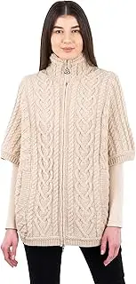 [SAOL] Irish Cardigan for Women Made of 100% Merino Wool Ireland Poncho with Front Pockets