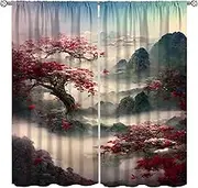 Asian Curtain for Living Room, Red Plum Bossom Branch Mountain Window Treatments for Bedroom Kitchen Door Decor, Oriental Art Traditional Japanese Ink Painting Landscape Drapes 2 Panel Sets72x63 Inch