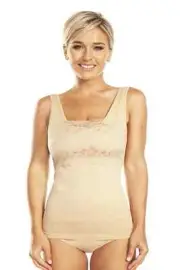 Rhonda Shear Lace-Overlay Tank with Shelf Bra, Nude, Small