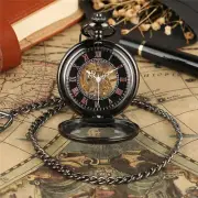 Mens Black Pocket Watch Mechanical Steampunk Skeleton Retro Chain Luxury Watches