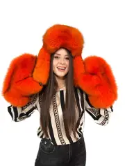 Fox Fur Mittens And Trapper Hat Set Saga Furs Burning Orange Color Full Fur