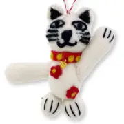 Lucky Cat Ornament - Waving Lucky White Cat Fortune Handcrafted Wool Decoration