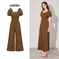 在飛比找蝦皮商城優惠-Lovito 休閒素色細褶結構線條泡泡袖女式鬆緊腰連身褲 L