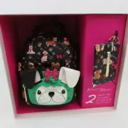 Betsey Johnson Black Christmas Puppy Pug Dog Backpack & Card Wallet 2 pack