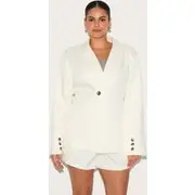 Plus Cream Tailored Woven Cinch Waist Blazer, Cream