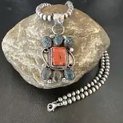 Rustic Turquoise Coral Cluster Pendant Navajo Sterling Silver Necklace