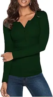 [Poetsky] Women's Henley Shirts Long Sleeve Button Down Tunic Tops Scoop Neck Ribbed Knit Slim Fitted Casual Tops Green Small, Dark Green, Small