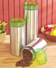 3 Modern Stainless Steel Glass Tin Green Canister Jar Set Kitchen Storage Decor