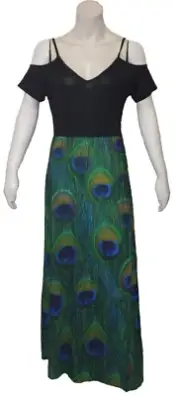 Dress, Plus, Large, Peacock Feathers, Straps, Cut-out Shoulder, Side Zipper