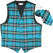 New Men's plaid checks Tuxedo Vest Waistcoat_Necktie Turquoise blue wedding prom