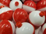 12- FISHING BOBBERS 1-1/2" Round Floats Red White Plastic SNAP ON FLOAT Bobber