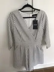 White and Navy Blue pin striped Playsuit New With Tags Size 10