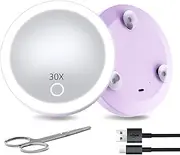 Travel Magnifying Mirror with Light 30X, 4inch Rechargeable Lighted Compact Pocket Makeup Mirror with Suction Cups