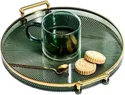 10.6" Round Decorative Tray with Handle, Modern Vanity Tray & Ottoman Serving Tray, Coffee Table, Kitchen & Bathroom for Coffee, Breakfast, Food & Beverages (Dark Green)