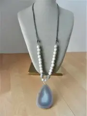 Barse Amazonite Drusy Leather and Agate Pendant Necklace MSRP $98