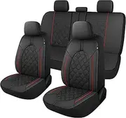 CAROMOP Luxury PU Leather Car Seat Covers Full Set-Waterproof Seat Protectors with Split Bench Seat Covers for Cars-Universal Cars Interior Covers for Sedans, SUVs, Pick-up Trucks (Black/Red Line)