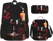 Red Wine Rose And Candle Backpack With Lunch Box And Pencil Case 3 In,Kawaii Backpacks With Lunch Bag Matching Combo