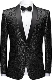 [JEShifangjiusu] Men's Jacquard One Button Suit Blazer Stylish Shawl Lapel Tuxedo Jacket for Dinner,Prom,Wedding, Black, XXL