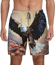 [Sipumia] Mens US-Flag Eagle Printed Swim Trunks with Compression Liner Quick Dry 2 in 1 Board Shorts with Pockets