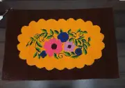 Retro Handmade Floral Hooked Rug Brown & Goldenrod Yellow 23" x 36" Rectangle