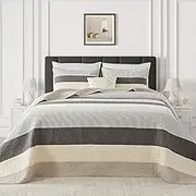 FineStichery Oversized Queen Quilt Bedspread Coverlet 102x120, 100% Cotton Extra Large Quilt with Pillow Shams, Soft Yarn Dyed Striped Bedding Set, Gray/Beige/Dark Gray
