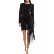 NWT Belle Badgley Mischka Harley Black Sequin Crew Neck Long Sleeve Fringe Dress