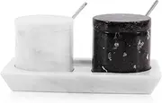 Radicaln Marble Salt Cellar With Lid Set of 2 Black And White Handmade Salt And Pepper Bowl Box With Marble Tray - Spice & Salt Storages For Kitchen Rack - Spices Container Set For Home