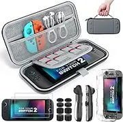 MoKo Switch 2 Accessories Bundle Kit for Nintendo Switch 2 (2025), 14 in 1 Gift Kit with Carrying Case, Protective Cover, Clear TPU Joycon Case, 2x Screen Protectors and 8x Thumb Grip Caps, Gray