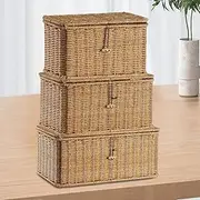 ANBOO 3 Set Wicker Storage Baskets with Lids Rectangular Seagrass Organizing Baskets Handmade Organizer Bins for Bedroom Closet,Living Room,Household,Picnic, Camping,Travel,Home Storage and Decoration