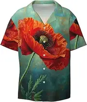 [YANYU] Poppy Flower Print Hawaiian Shirts Men Short Sleeve Button Down Cuban Collar Shirt Summer Beach Days